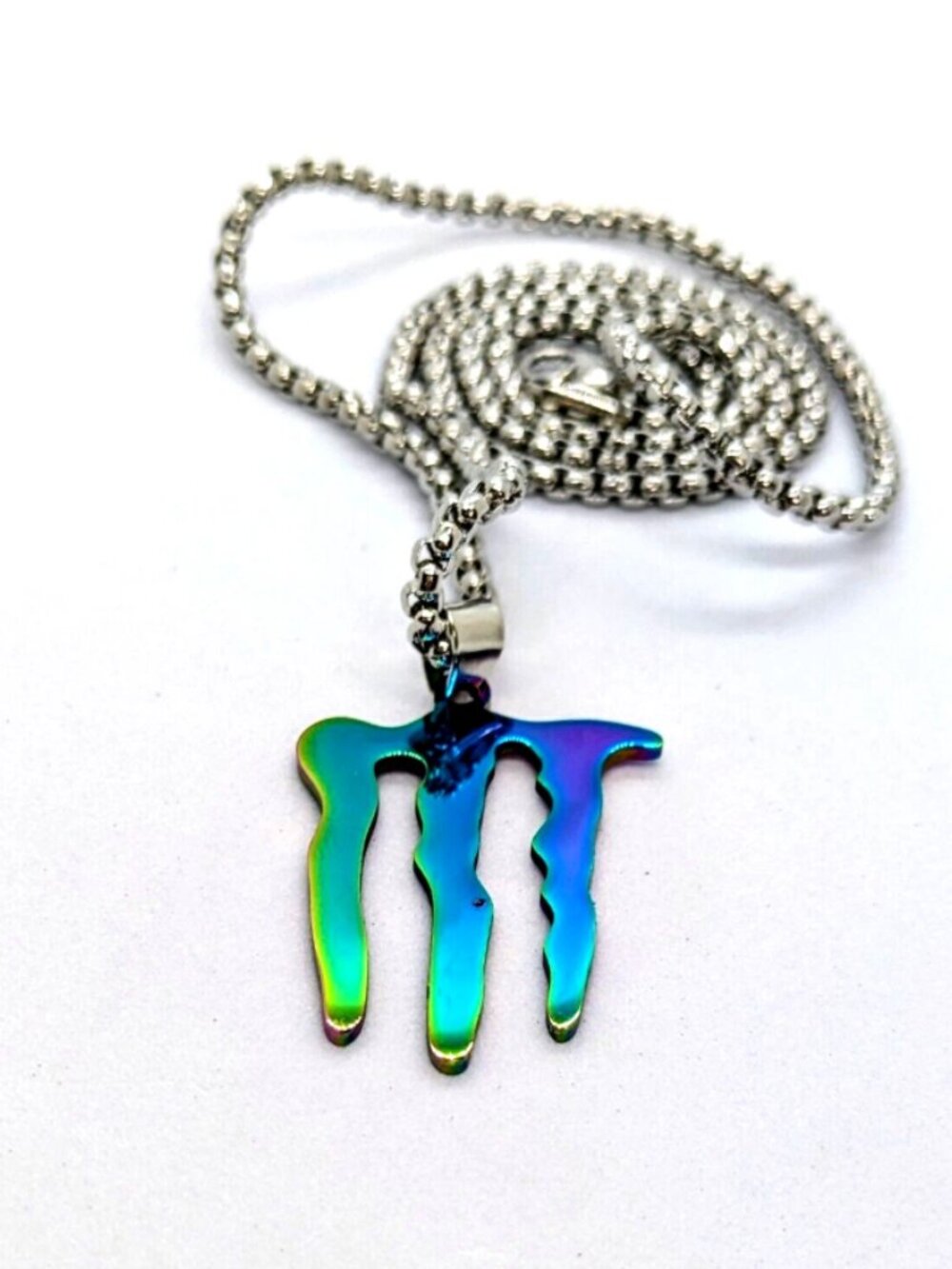ENERGY DRINK NECKLACE - Stainless Steel "M" Logo Pendant 23" Chain (Iridescent) - Picture 6 of 7